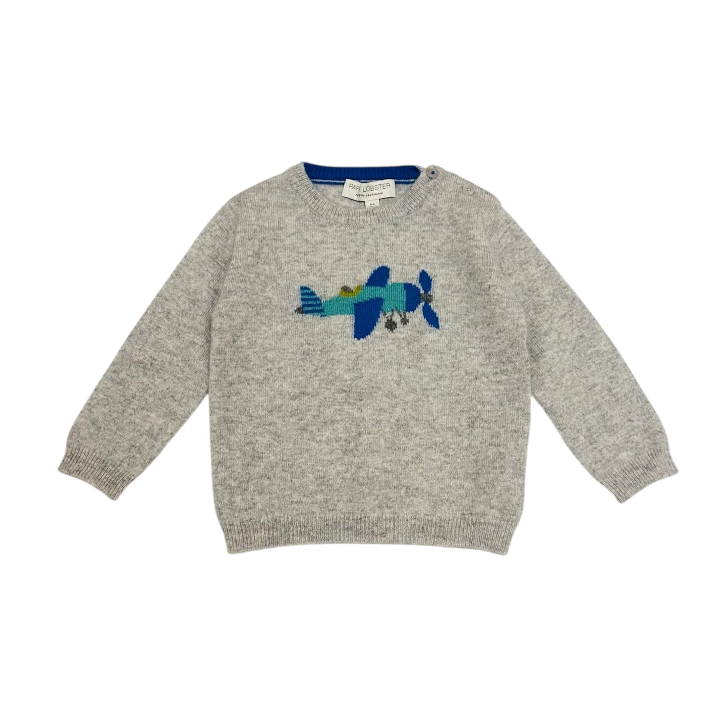 Pullover „Plane“ von Papa Lobster, 0-24 Monate aus 100% Kaschmir, Farbe: light grey melange/ blue