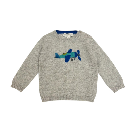 Pullover „Plane“ von Papa Lobster, 0-24 Monate aus 100% Kaschmir, Farbe: light grey melange/ blue